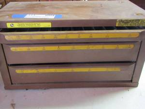 lot 111 image: 3 draw tool box with Allen wrenches and drill bits