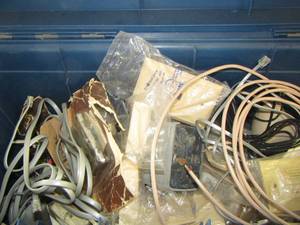 lot 167 image: Blue tool box with misc. wire - outlet plugs and more
