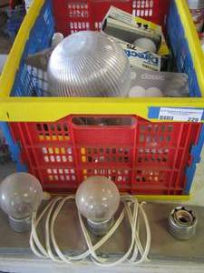 lot 229 image: Bathroom vanity 3 tier, glass light cover- Lot of light bulbs all sizes
