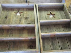 lot 449 image: 2 wooden 3 tier shelfs with star dcor 1924