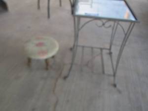 lot 484 image: Small round stool- metal square glass top outdoor table