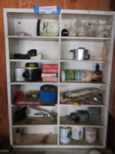 lot 486 image: 6 tier whiter shelf Approx. 2212 with misc. tools