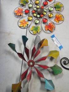 lot 529 image: Colorful metal outdoor wall art one piece is missing 2 parts-
