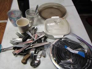 lot 538 image: kitchen lot-silverware coffee cups- covered corning dishes