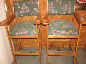 lot 574 image: Set of 2 pool design chairs solid wood each chair has 2 cupbeer holders and a pool stick caddy so it doesn�t fall