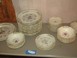lot 20 image: International stoneware China- 12 serving platters qty 2- 11 dinner plates qty 14- 16 cereal bowls- 4 saucers- 11 cup plates- serving bowl 9 qty 1