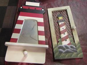 lot 615 image: Red white light house dcor- light house piece with small mirror