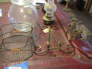 lot 616 image: Small wire plate holders- Lantern - large plate stand wire basket- covered bowl