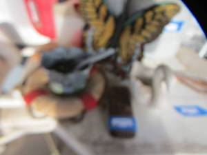 lot 656 image: beaded plant holder- wooden bird plaque- metal bucket- 2 butterflys