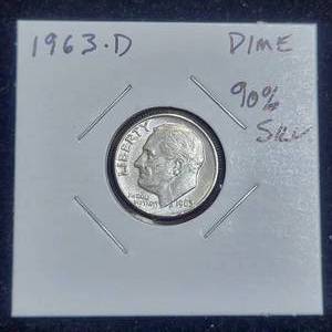 lot 9 image: 90 Percent Silver 1963 D Roosevelt Dime