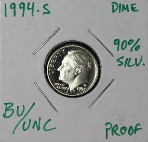 lot 53 image: 90 Percent Silver 1994 S Roosevelt Dime Proof