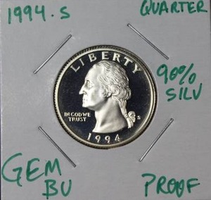 lot 54 image: 90 Percent Silver 1994 S Washington Quarter
