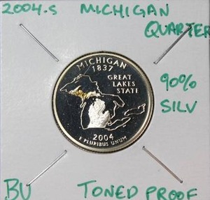 lot 56 image: 90 Percent Silver 2004 S Michigan State Quarter Proof