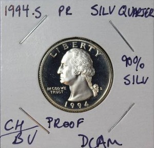 lot 57 image: 90n Percent Silver 1994 S Washington Quarter Proof Deep Cameo