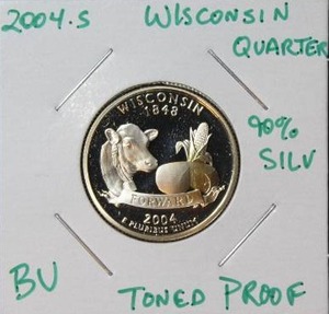 lot 58 image: 90 Percent Silver 2004 S Wisconsin State Quarter Proof