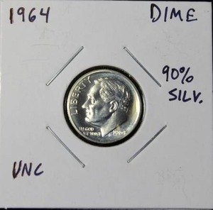 lot 92 image: 90 Percent Silver 1964 Roosevelt Dime