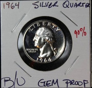 lot 102 image: 90 Percent Silver 1964 Washington Quarter Proof
