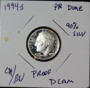 lot 119 image: 90 Percent Silver 1994 S Roosevelt Dime Deep Cameo Proof