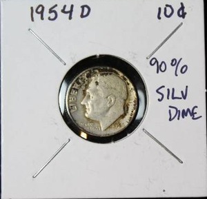 lot 123 image: 90 Percent Silver 1954 D Roosevelt Dime
