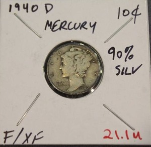 lot 127 image: 90 Percent Silver 1940 D Mercury Dime