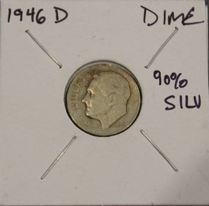 lot 128 image: 90 Percent Silver 1946 D Roosevelt Dime