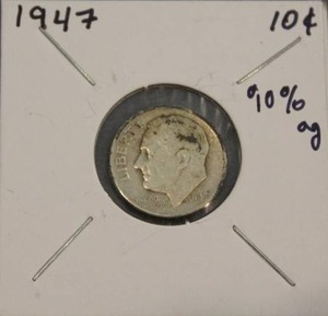 lot 129 image: 90 Percent Silver 1947 Roosevelt Dime