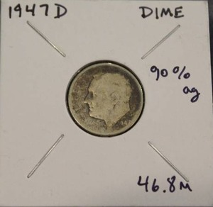 lot 130 image: 90 Percent Silver 1947 D Roosevelt Dime