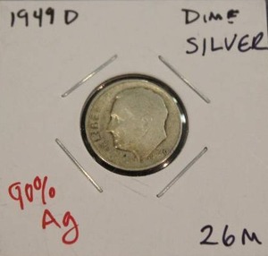 lot 135 image: 90 Percent Silver 1949 D Roosevelt Dime
