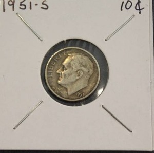 lot 288 image: 90 Percent Silver 1951 S Roosevelt Dime