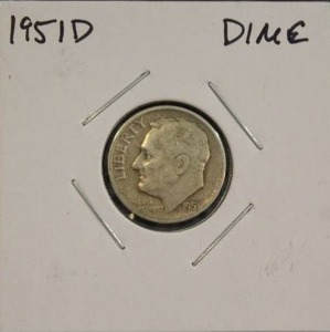 lot 300 image: 90 Percent Silver 1951 D Roosevelt Dime
