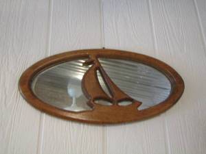 lot 721 image: sail boat mirror oval- heart shape wooden wall shelf single layer