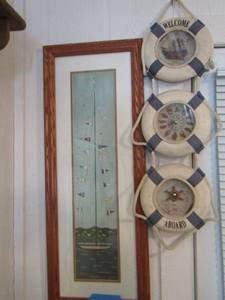 lot 722 image: Warren Kinbal sail boat art  32x12 - welcome aboard barometer