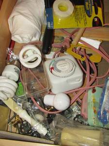 lot 762 image: junk  draw - timer - bulbs- tape - hooks plus