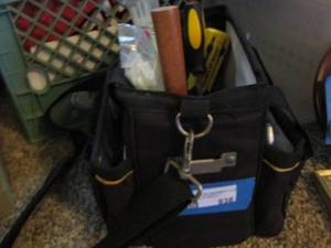 lot 838 image: small handy man tool bag with various emergency tools screwdrivers plyers and plus