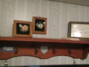 lot 835 image: wooden wall shelf with 4 coat hanger hooks - 3 crocket photos 7x36