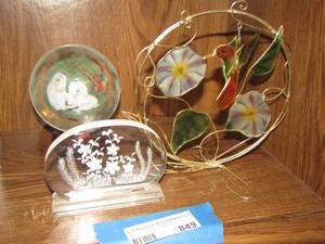lot 849 image: glass ball 3 d dogs inside on stand - metal bird out