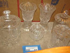 lot 876 image: crystal lot- candle holders qty 2- covered candy dishes qty 4