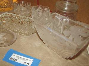 lot 877 image: covered candy dish- covered butter dish- frosted glass