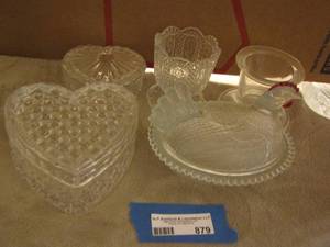 lot 879 image: heart shape glass dish with lid qty 2- covered glass rooster