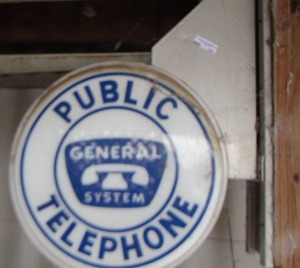 lot 700 image: GENERAL SYSTEM Public Pay Telephone light, 2 SIDED  Vintage 24 diameter on wooden brace which is 2212