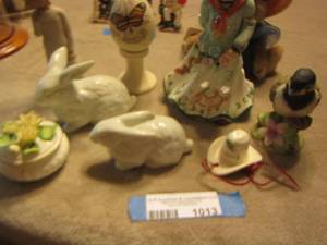 lot 1013 image: 2 white ceramic bunnies- Napco wear trinket- willow tree doll- butterfly egg on stand