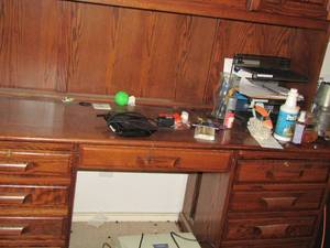 lot 702 image: 2 piece solid wood desk, lots of storage- top size 486616--- bottom size 297223