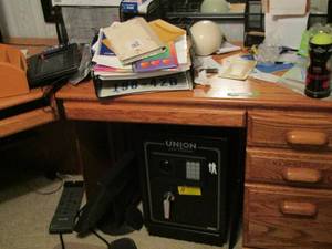 lot 714 image: 3 piece solid wood desk size unknown contents not included