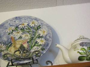 lot 716 image: BLUE FLORAL PLATE & TEAPOT,   RABBIT TEAPOT  Plus 1 other teapot