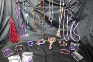 lot 227 image: (15) Selection of PURPLE and complementary color jewelry. Assorted styles, ages, and materials. Separately bagged.