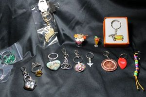 lot 232 image: Keychain selection. Includes boxed Phillip Wang HT Hotdog wiener, I love Volleyball, Smithsonian Zoological National Park, Cherry Cola Cap, Bear in Sundae, and more. It also includes carabiners.