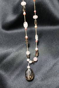 lot 15 image: Sterling Silver vintage Citrine, Rose Quartz, clear Quartz and freshwater pink pearl necklace. Marked 925 on lobster clasp. Gems tested. Pendant stone is abraded and could use a polishing. 16L with a 3 extender.