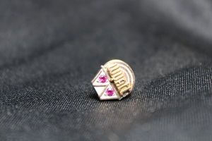 lot 10 image: 10K white and yellow gold filled 20-year service appreciation tie tack with raised relief WYATT in block letters and 2 rubies made by CTO. Marked 110 10K CTO on reverse. Rubies tested.