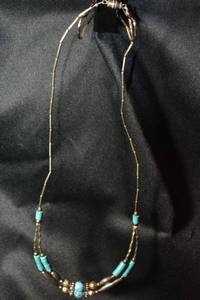 lot 137 image: Sterling Silver silversmith artist created liquid silver bead and Turquoise necklace with barrel clasp. 18L. 11.8 gr approx