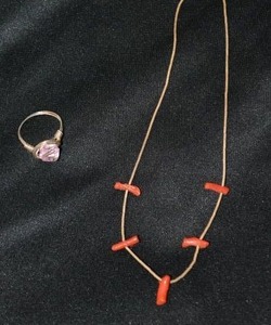 lot 140 image: Sterling Silver silversmith artisan created silver bead and branch coral bead chokernecklace. 13L. Barrell clasp. Includes a silver wire artisan crafted ring with glass bead accent. Size 7.5